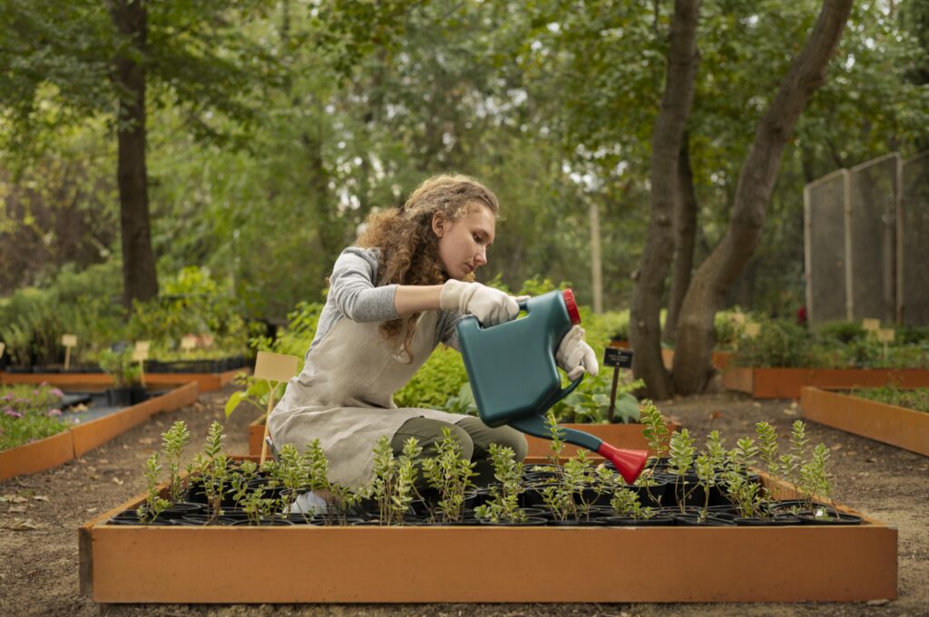 Freepik Imagem: Mulher de tiro completo regando plantas de jardim