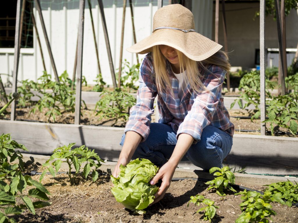 Freepik imagem: Mulher jovem com chapéu de sol cuidando da horta em casa.